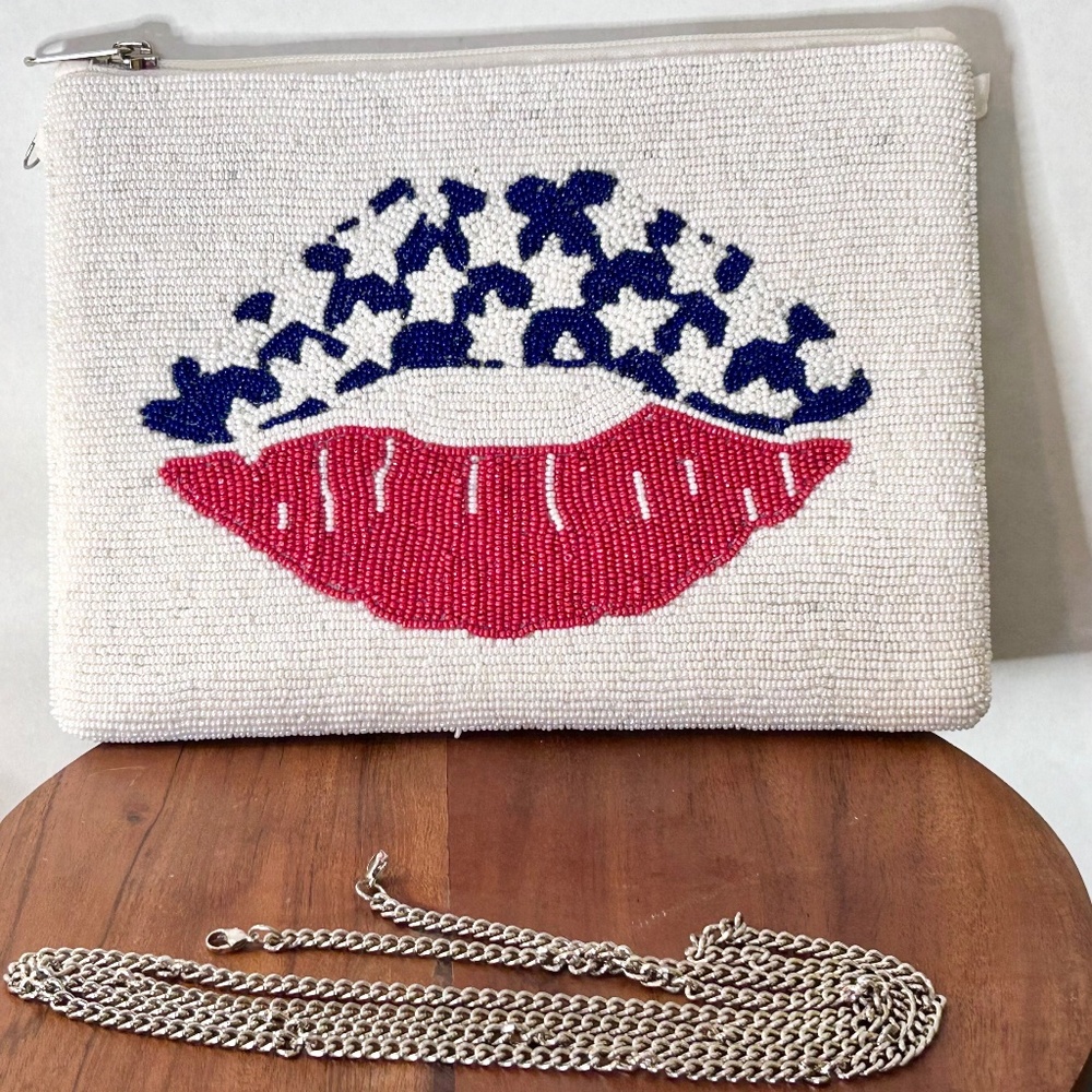 Patriotic Lip Beaded Clutch Handbag /Crossbody Bag Purse Chain Shoulder Strap